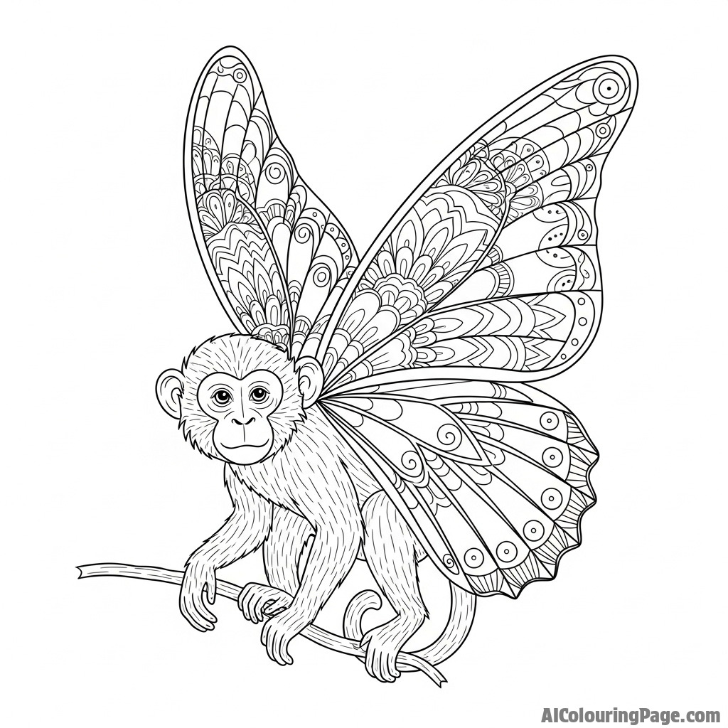 A surreal image of a monkey with large, intricate butterfly wings.