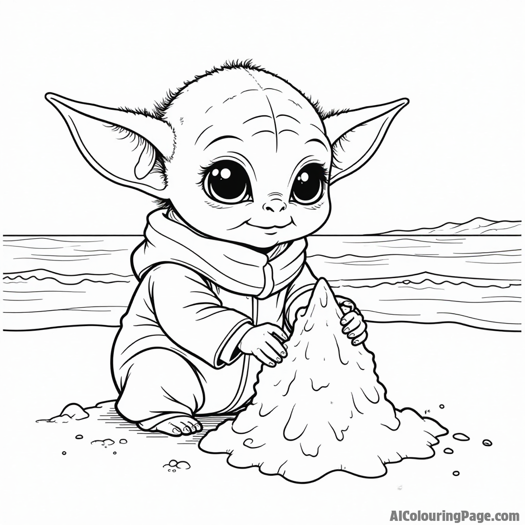 Baby Yoda building a sandcastle at the beach with waves crashing in the distance