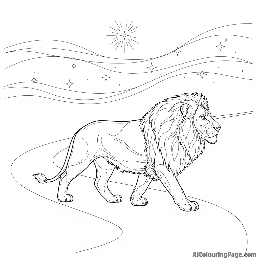 A lion walking on a path illuminated only by shimmering moonlight.