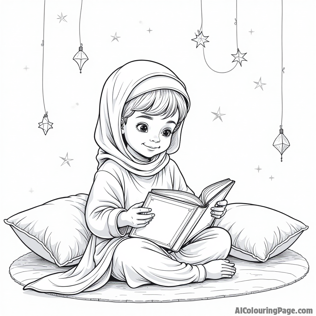 A child reading a book about Ramadan under a cozy blanket, surrounded by soft pillows and twinkling fairy lights, creating a peaceful atmosphere for learning. Festivals and Traditions Coloring Sheets.