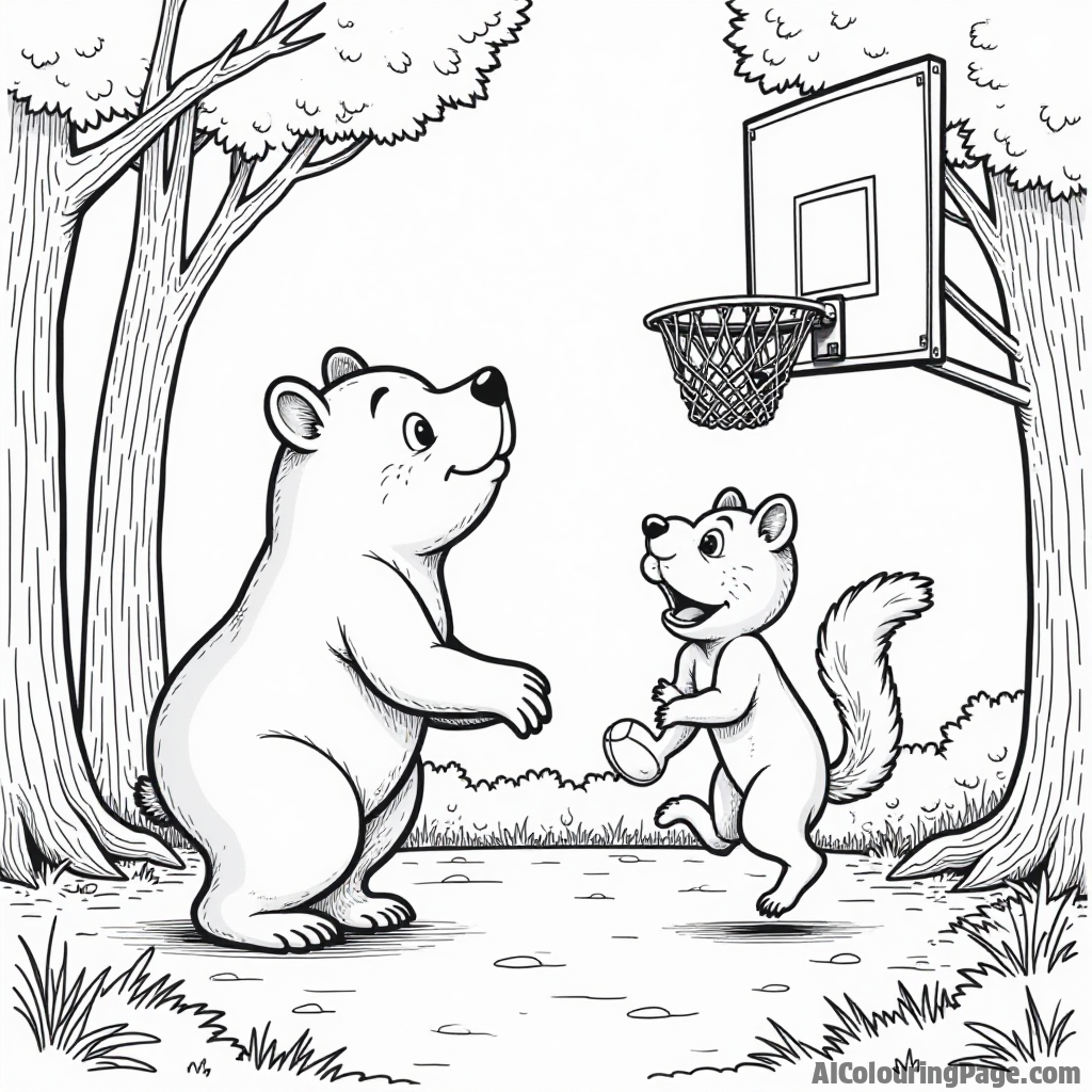 A whimsical scene of animals playing basketball in a forest, with a bear shooting hoops and a squirrel cheering, creating a playful atmosphere for a black and white coloring page.