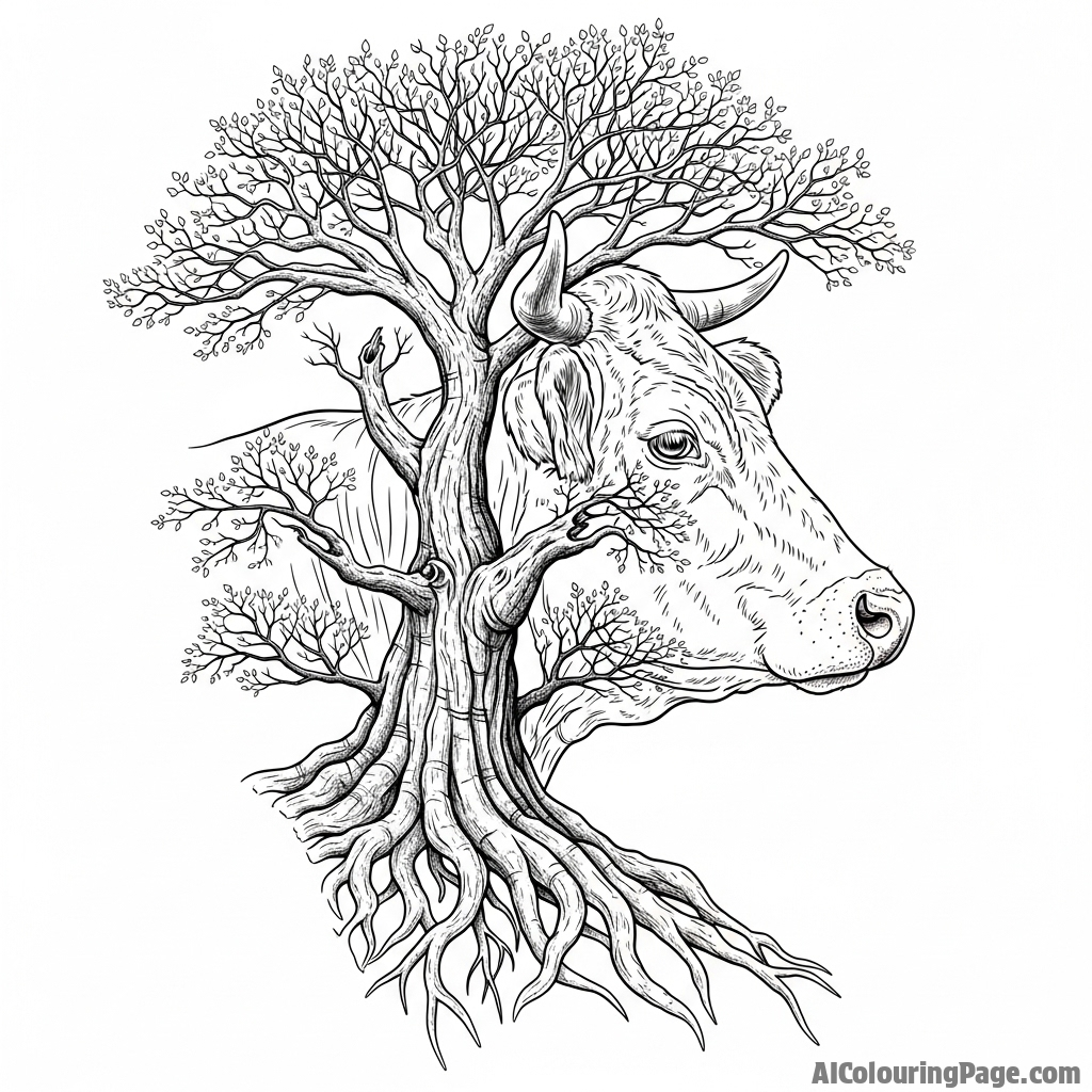 A double exposure photograph merging a cow\'s portrait with an ancient, gnarled tree.