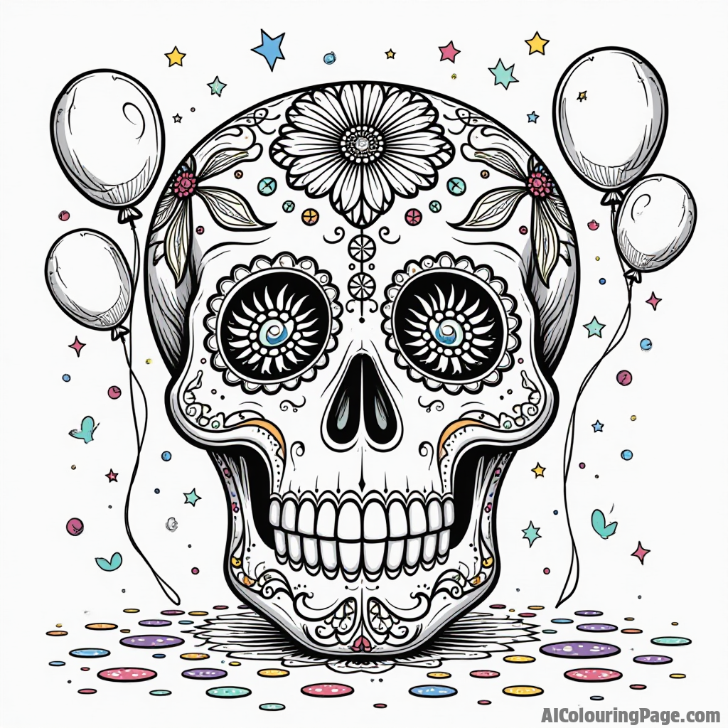 A large decorated calavera (skull) surrounded by colorful confetti and balloons, representing a festive Day of the Dead celebration, perfect for children to unleash their creativity.