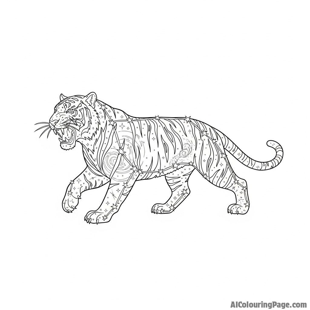 A celestial tiger constellation made of shimmering stars and nebulae.