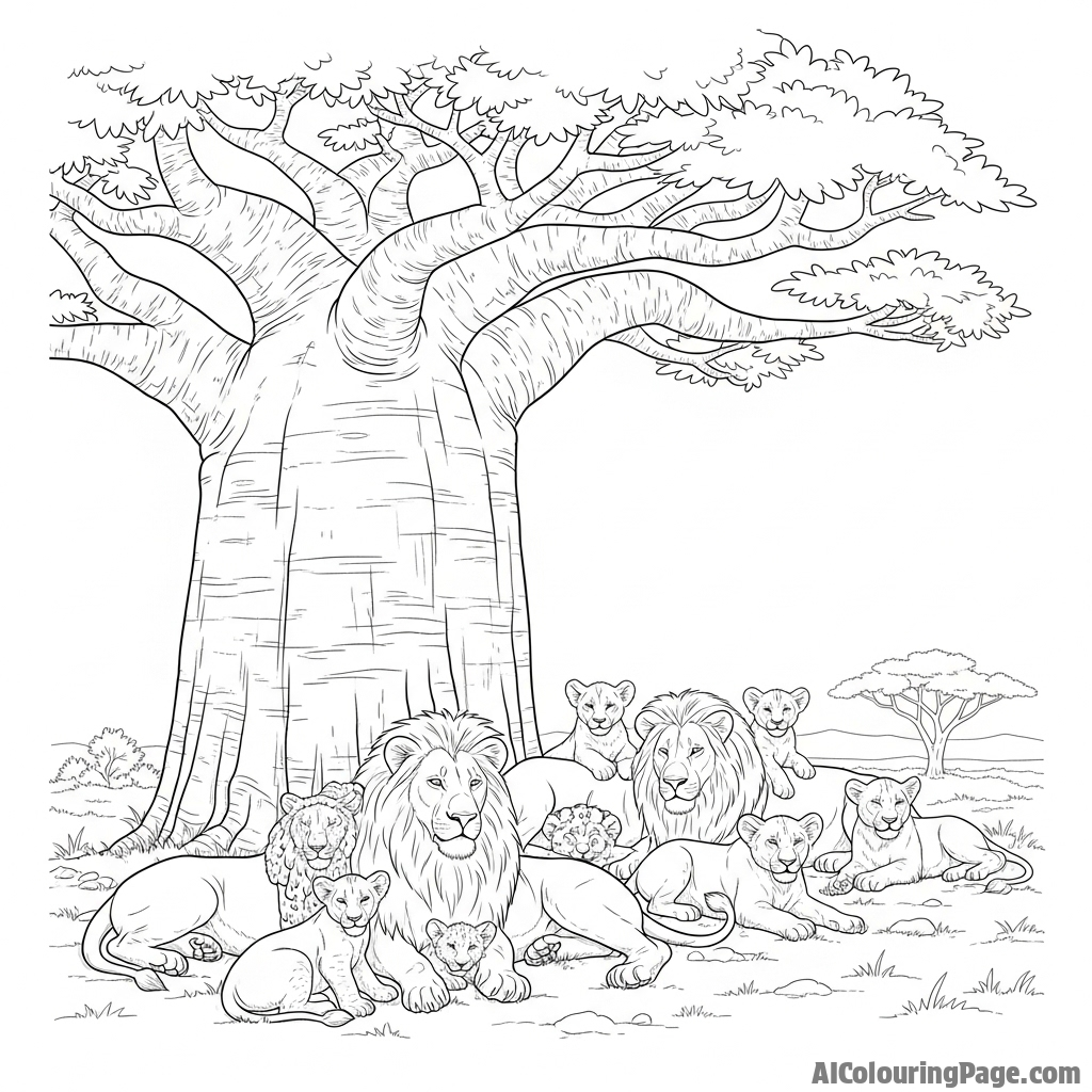 A pride of lions resting together in the deep shade of a baobab tree.