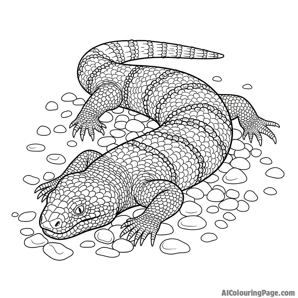 A Gila monster with its beaded, textured skin, crawling over desert pebbles.