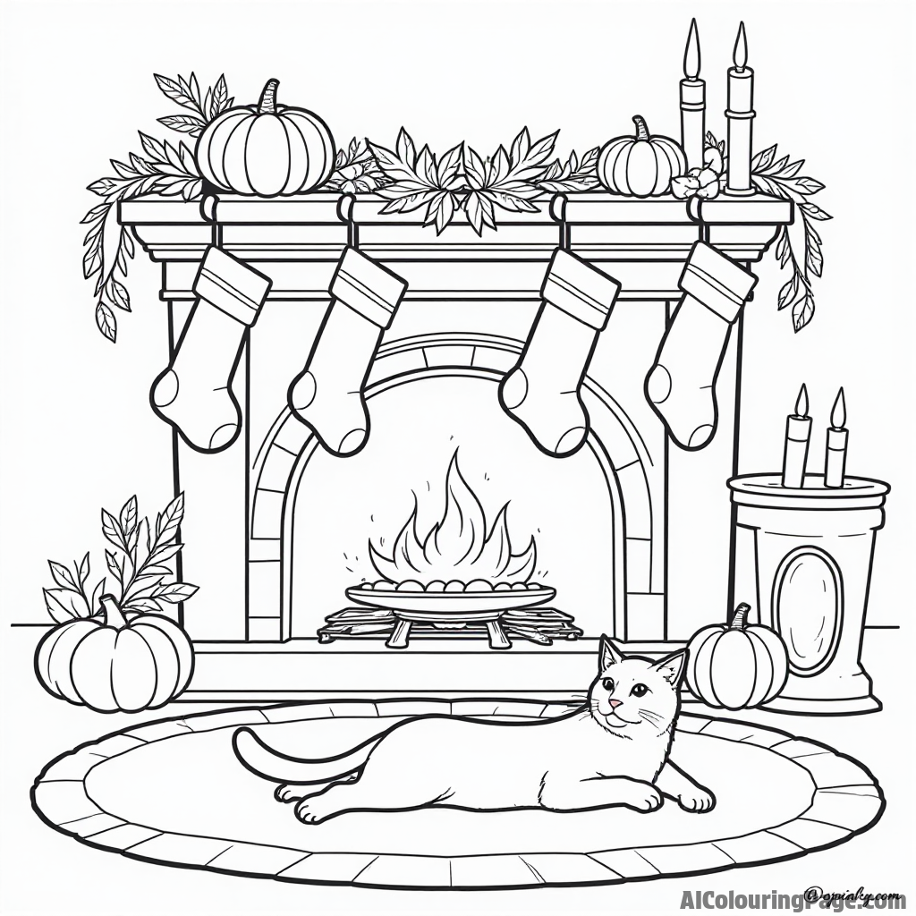 A cozy fireplace with stockings hung, a decorated Thanksgiving table in front, and a cat lounging on the rug