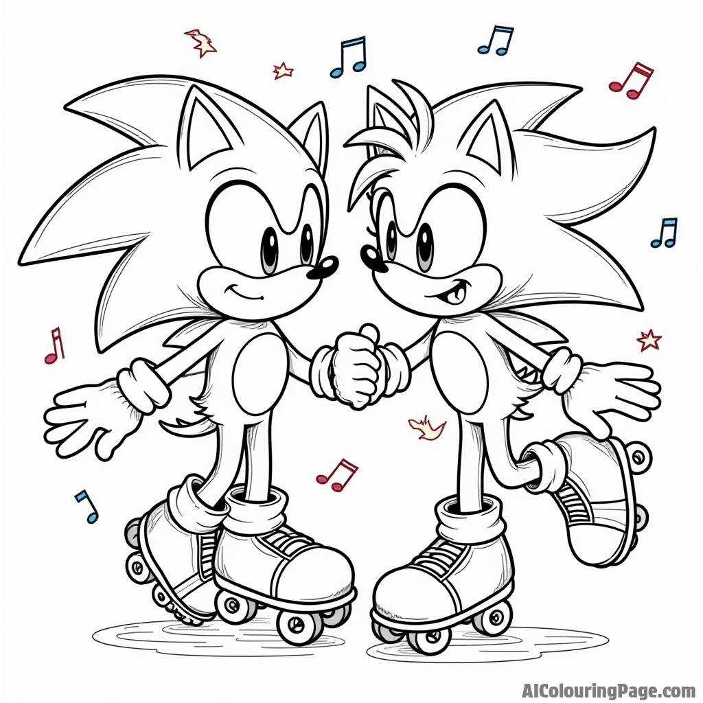 Sonic and Amy on a fun roller skating date, with colorful lights and music notes dancing around them happily.