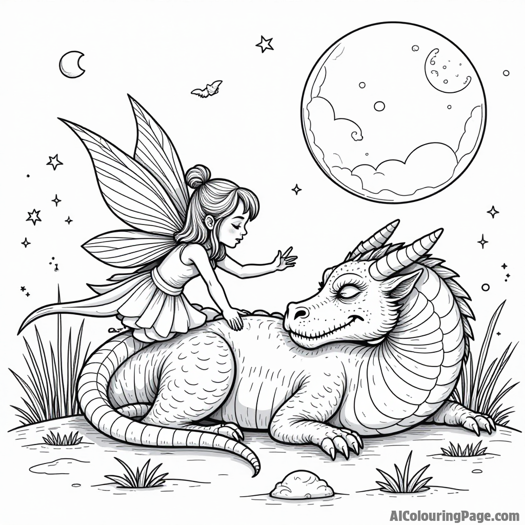 A mischievous fairy playing tricks on a sleeping dragon under a bright moon in a mystical landscape