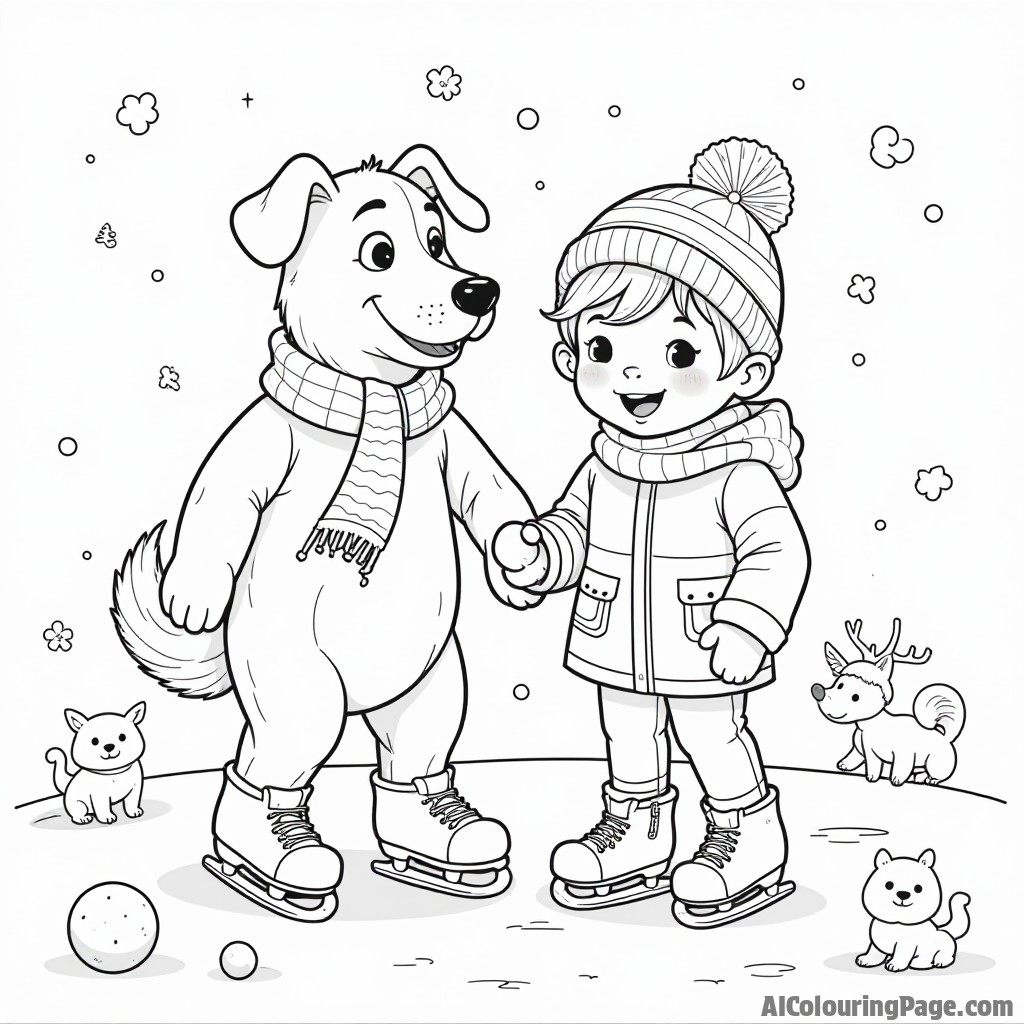 A friendly dog ice skating with a child, both wearing matching scarves, surrounded by playful winter animals and snowballs, encouraging imaginative coloring and the spirit of winter sports.