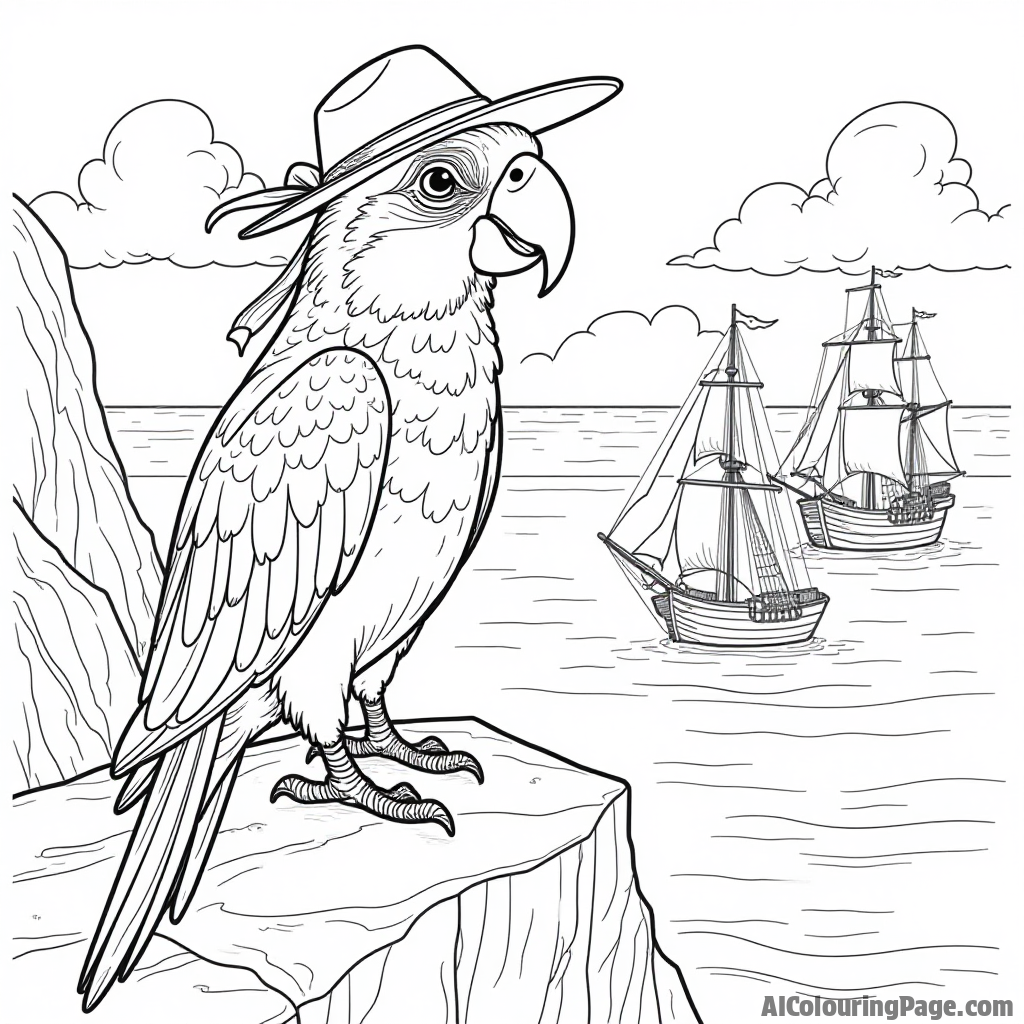 A parrot explorer with a map and compass, standing on a rocky cliff overlooking an ocean with sailing ships