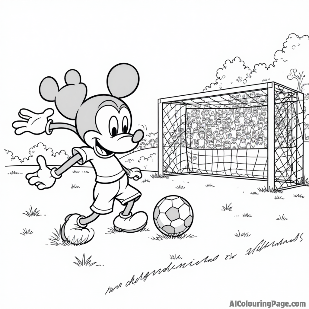 Mickey Mouse and Goofy playing soccer on a grassy field, with a goalpost and a cheering crowd in the background.