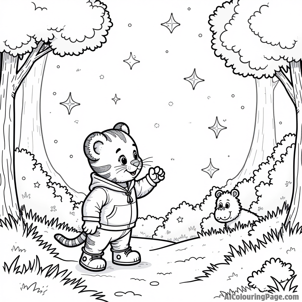 Daniel Tiger exploring a magical forest with tall trees, friendly animals, and sparkling stars shining brightly in the night sky.