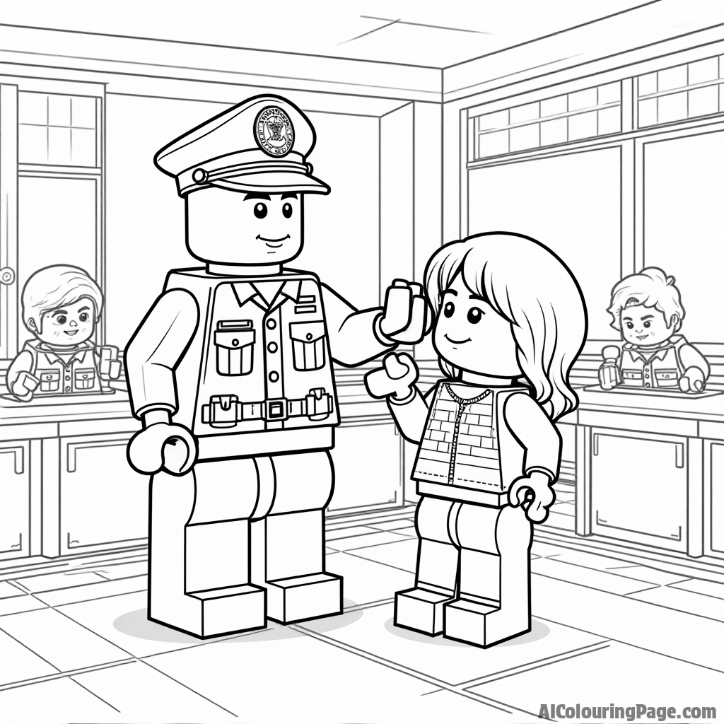 A Lego police officer teaching children about safety in a Lego classroom, promoting learning and creativity for kids to color and engage with important topics.