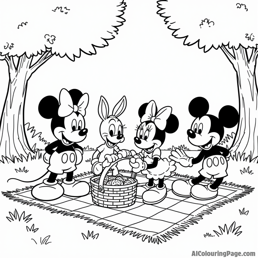 Mickey Mouse and friends having a picnic in the park, with a checkered blanket and a basket full of goodies.