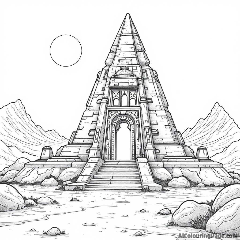 A mysterious ancient temple on a distant planet, with strange symbols and glowing lights illuminating the entrance at dusk.