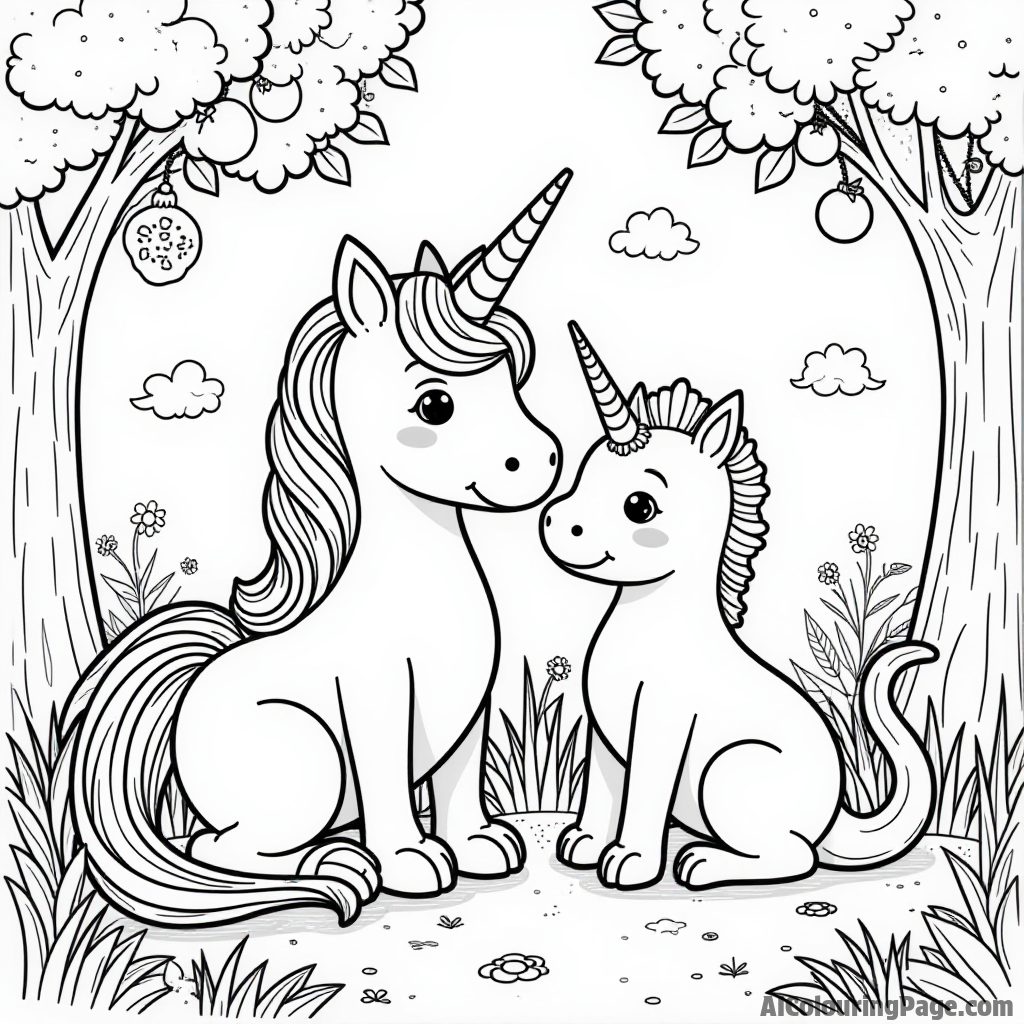 A unicorn and a friendly dragon sharing a cozy spot in a magical garden filled with fruit trees and flowers, perfect for coloring.