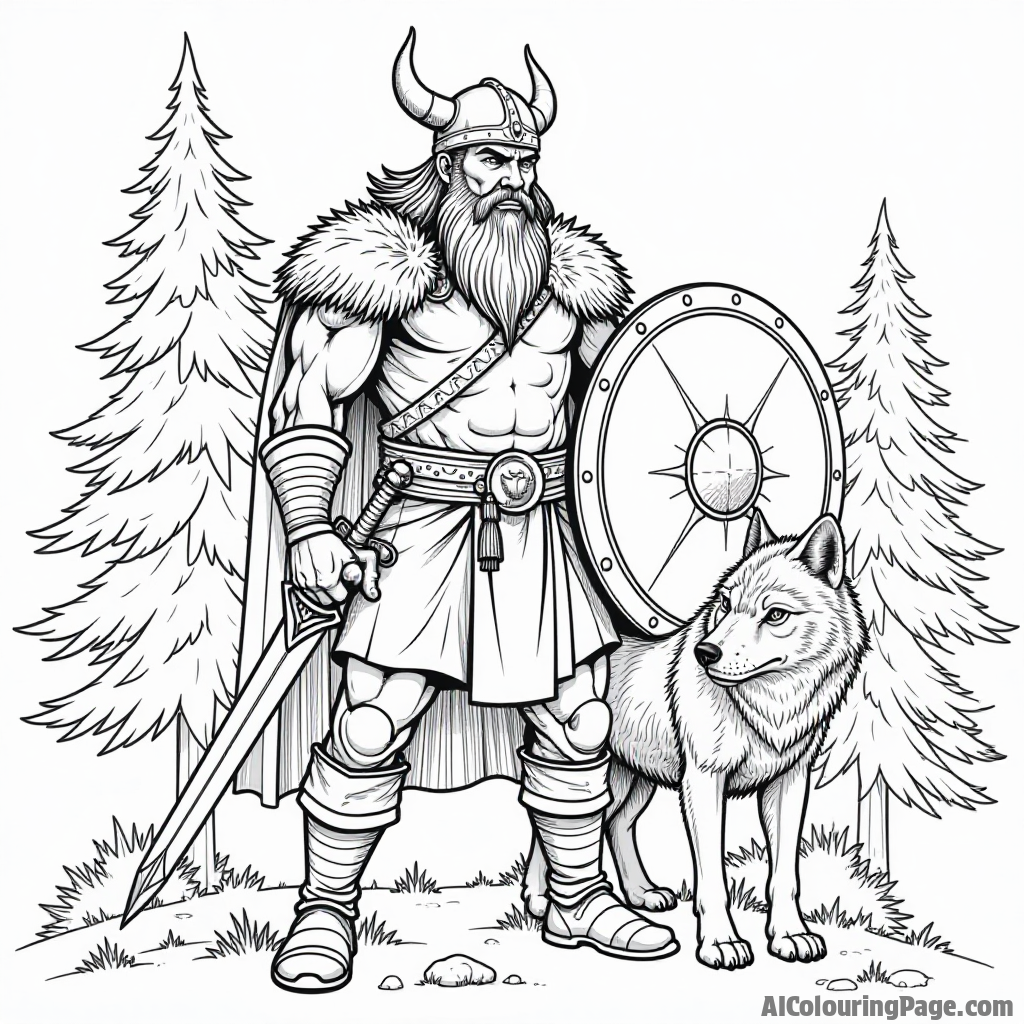 A fierce Viking warrior holding a shield and sword, standing proudly next to a friendly wolf, surrounded by pine trees, capturing the spirit of adventure in history and mythology.