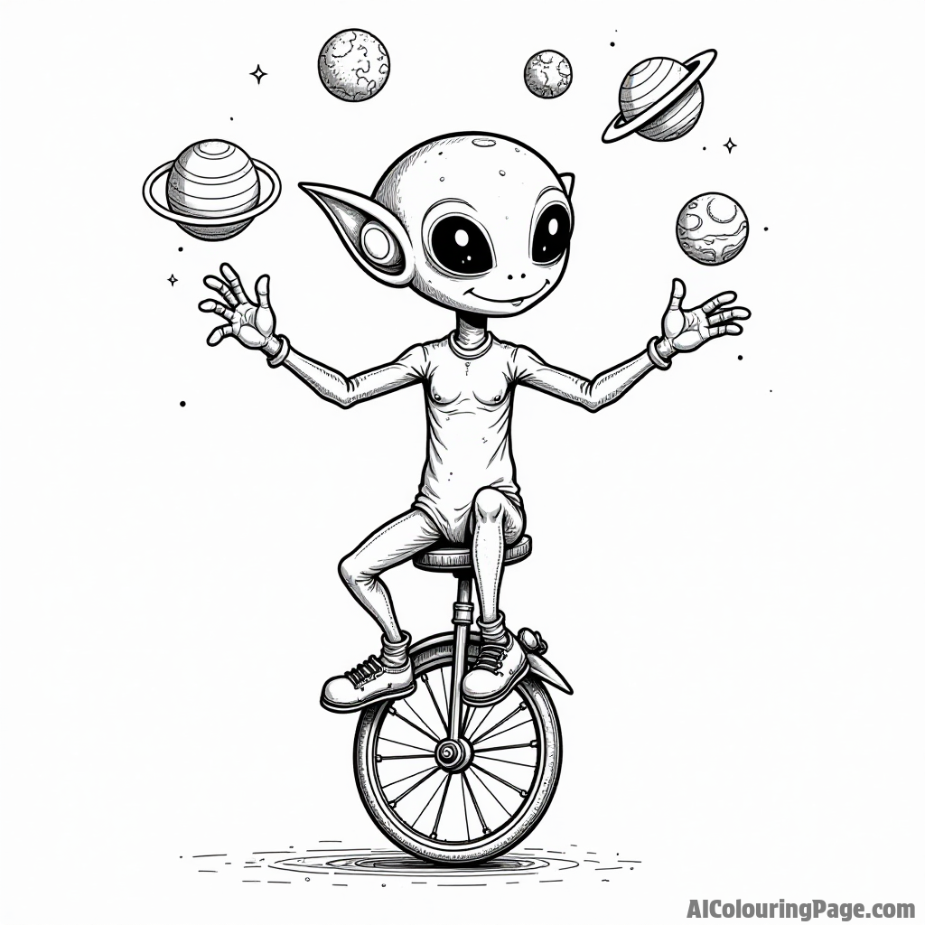 An alien riding a unicycle while juggling colorful planets, a whimsical circus scene perfect for children's creativity to shine.