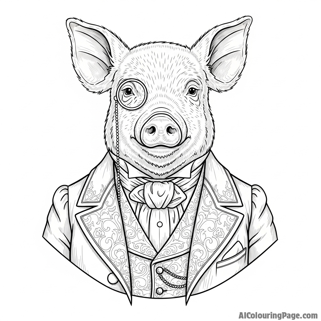 A formal portrait of a pig dressed in Victorian-era attire.