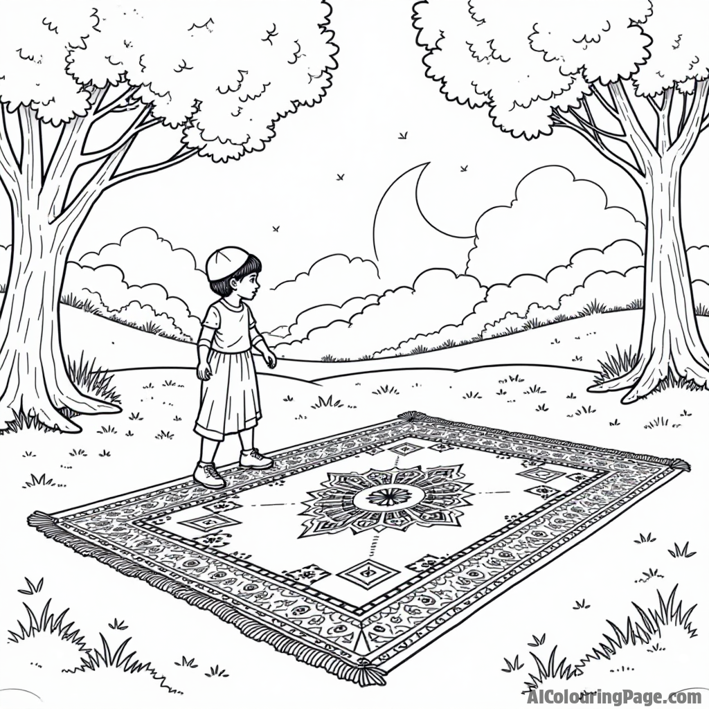 A colorful rug with traditional designs, laid out in a park, where children are playing and enjoying the festive spirit of Ramadan. Festivals and Traditions Coloring Sheets.