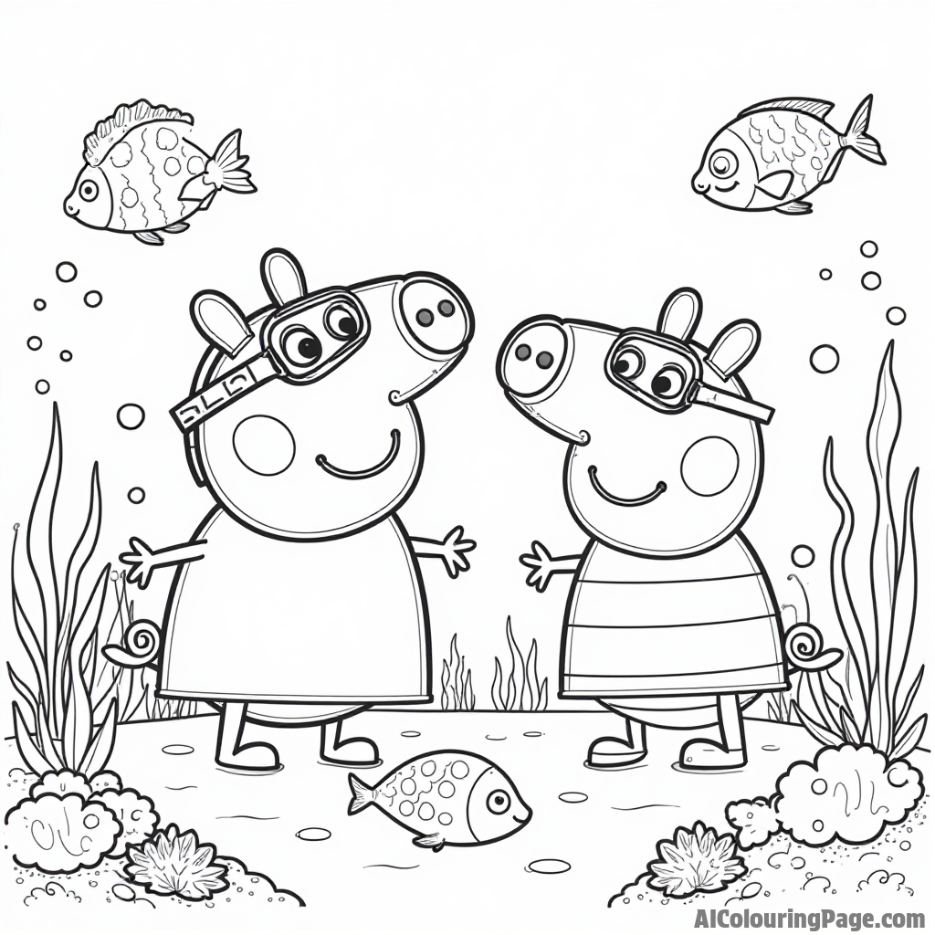 Peppa Pig and George Pig exploring the underwater world with scuba gear, colorful fish swimming around them in the ocean.