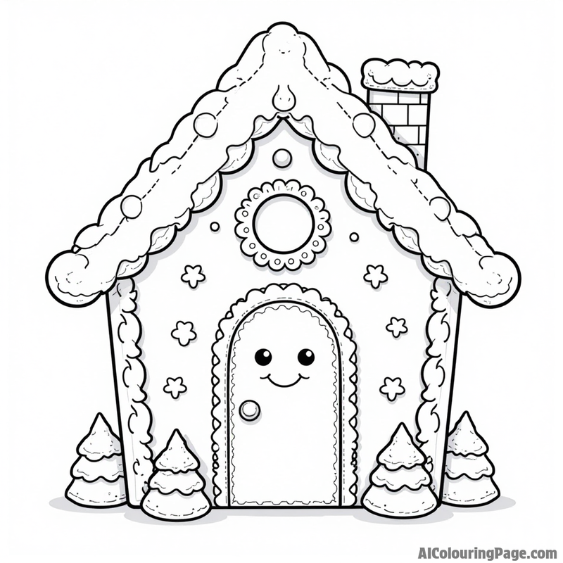 Gingerbread house with a smiling door