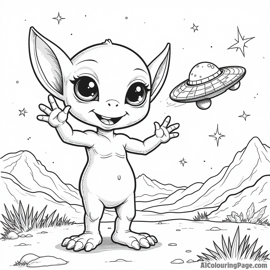 A friendly alien waving with a starry background and a colorful spaceship in the distance, fantasy and science fiction theme.