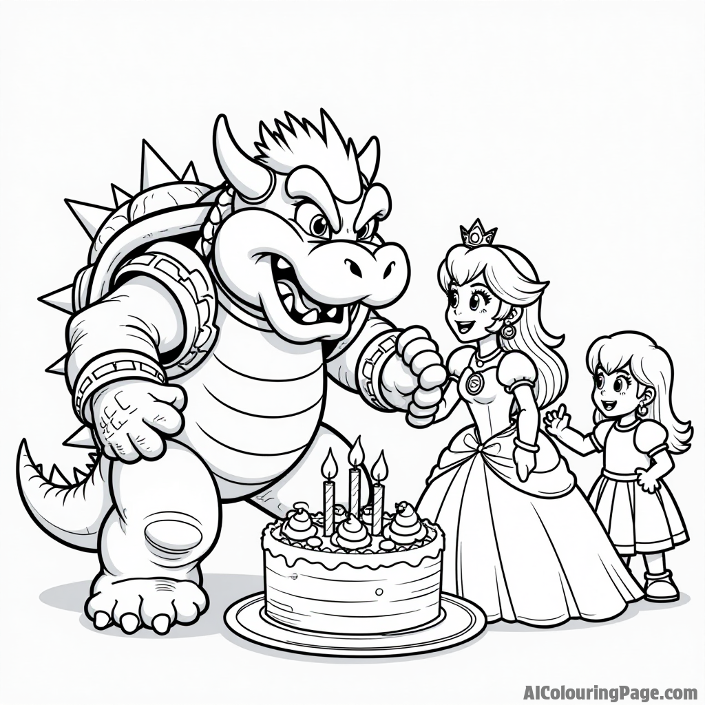 Bowser trying to steal a cake from Princess Peach's birthday party with friends celebrating.