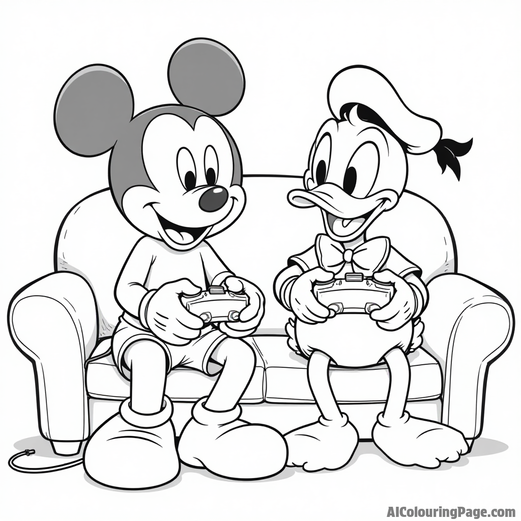 Mickey Mouse and Donald Duck playing video games, sitting on a couch with snacks and controllers in hand.