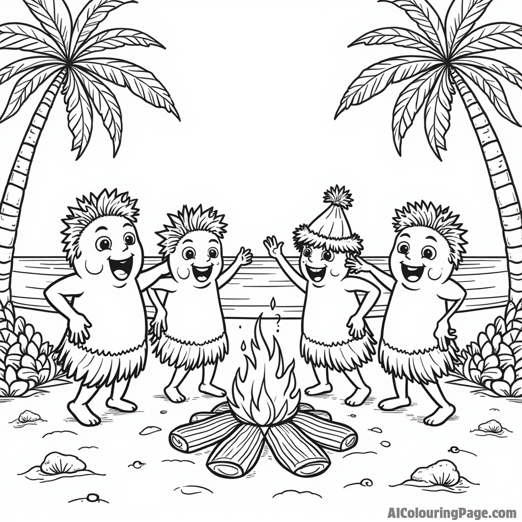 A playful group of Kakamora dancing around a bonfire on the beach, with colorful tropical decorations surrounding them.