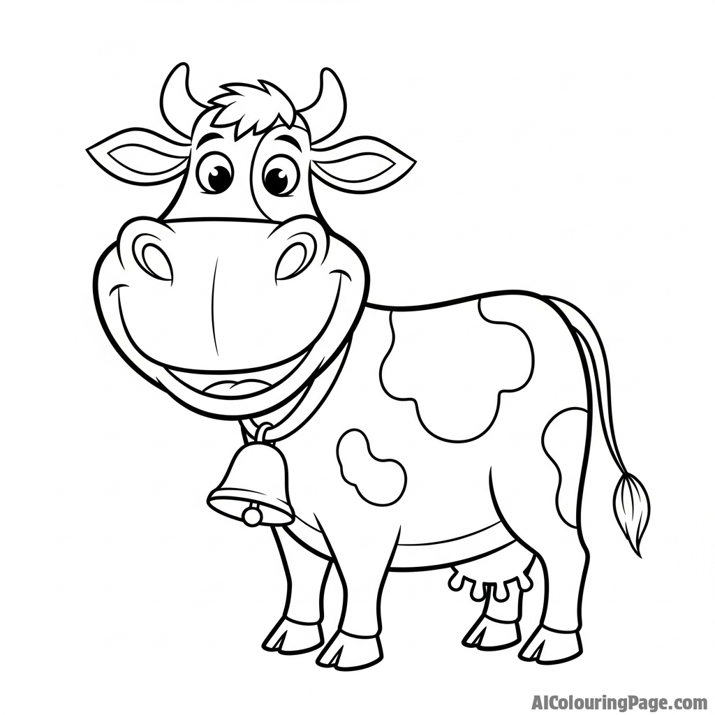 A whimsical, cartoon-style cow with an exaggerated, friendly smile.