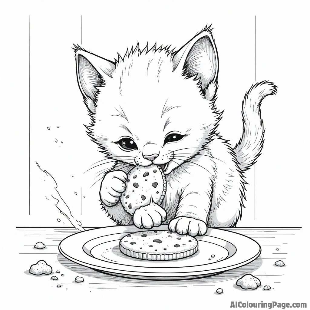 A playful kitten trying to sneak a cookie from a plate on a kitchen table, with flour scattered around.