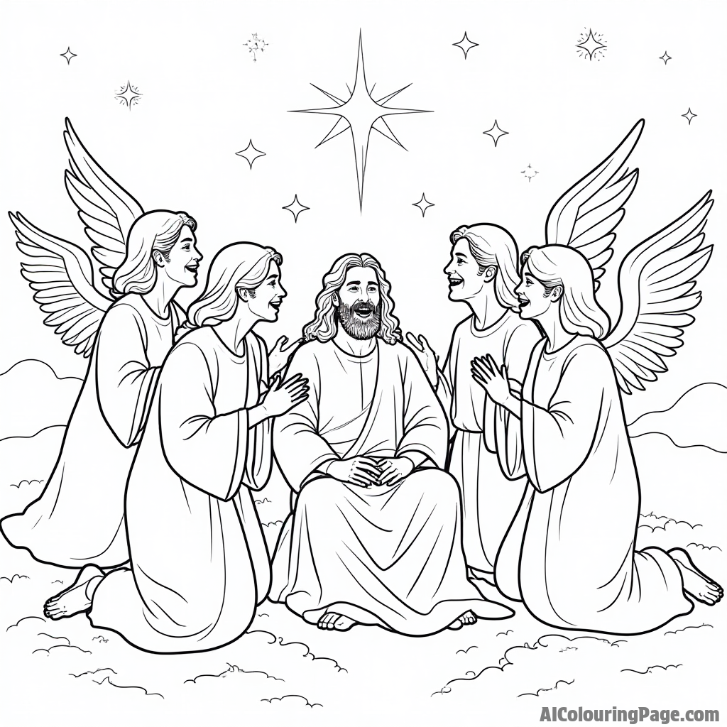 Angels surrounding Jesus, singing joyfully, stars twinkling in a night sky, gentle light illuminating the scene