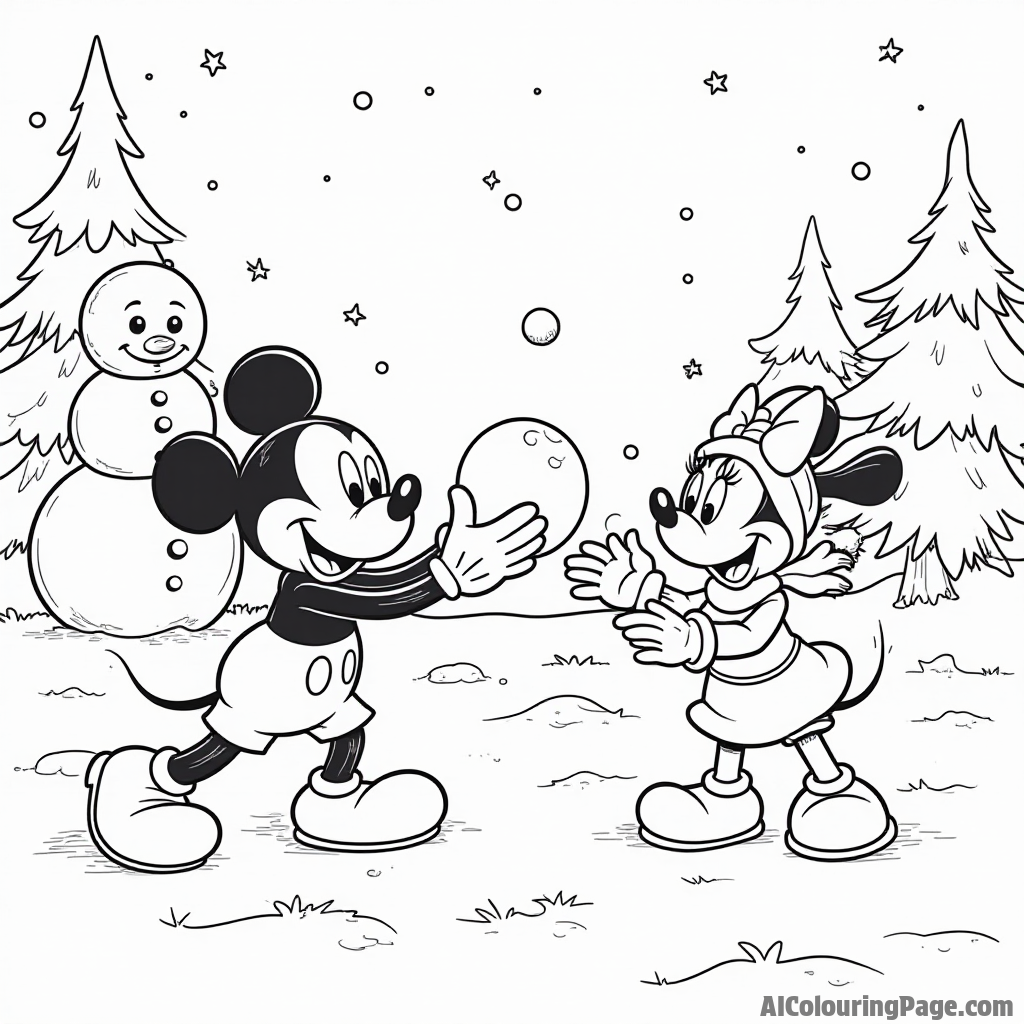 Mickey Mouse and friends having a snowball fight, with snowmen and snow-covered trees in the background.