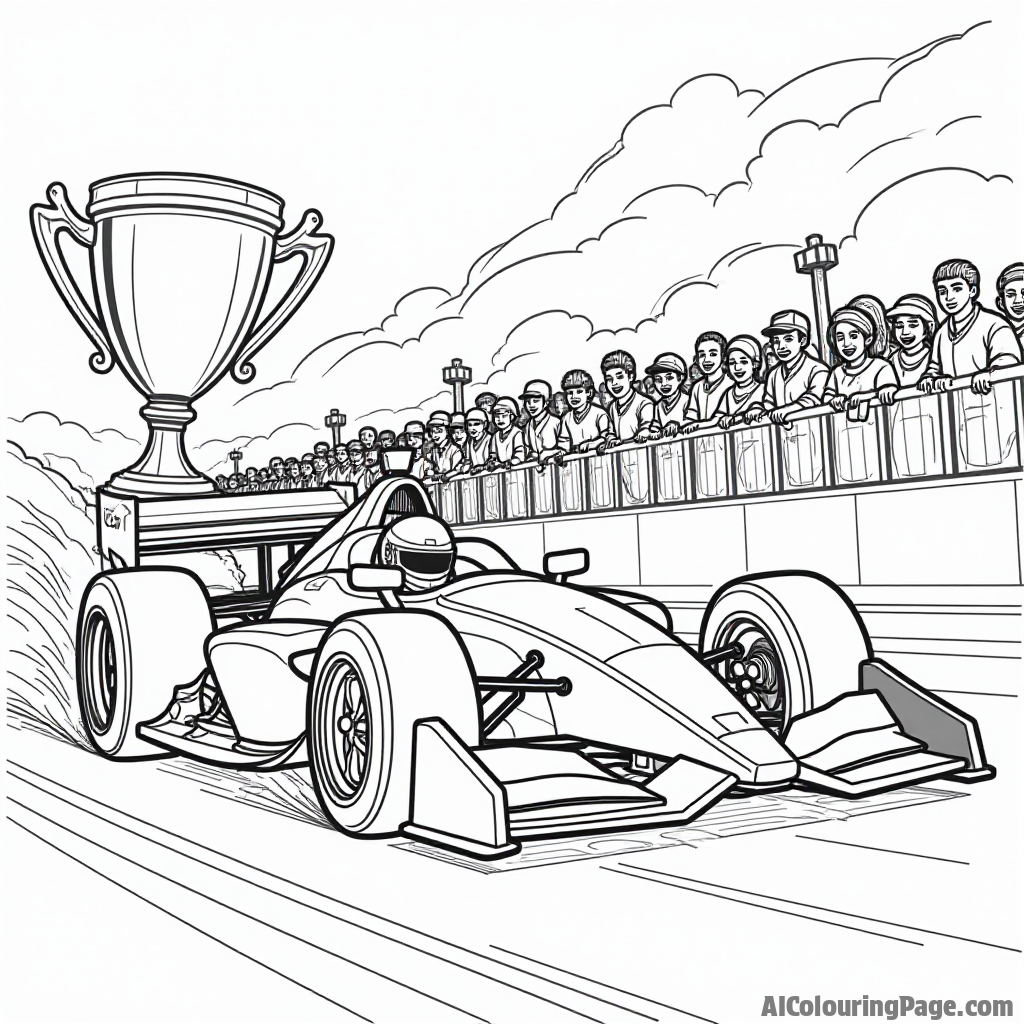 A speedy race car zooming past a cheering crowd, with a large trophy in the background, showcasing excitement and competition for kids to color in their favorite colors.