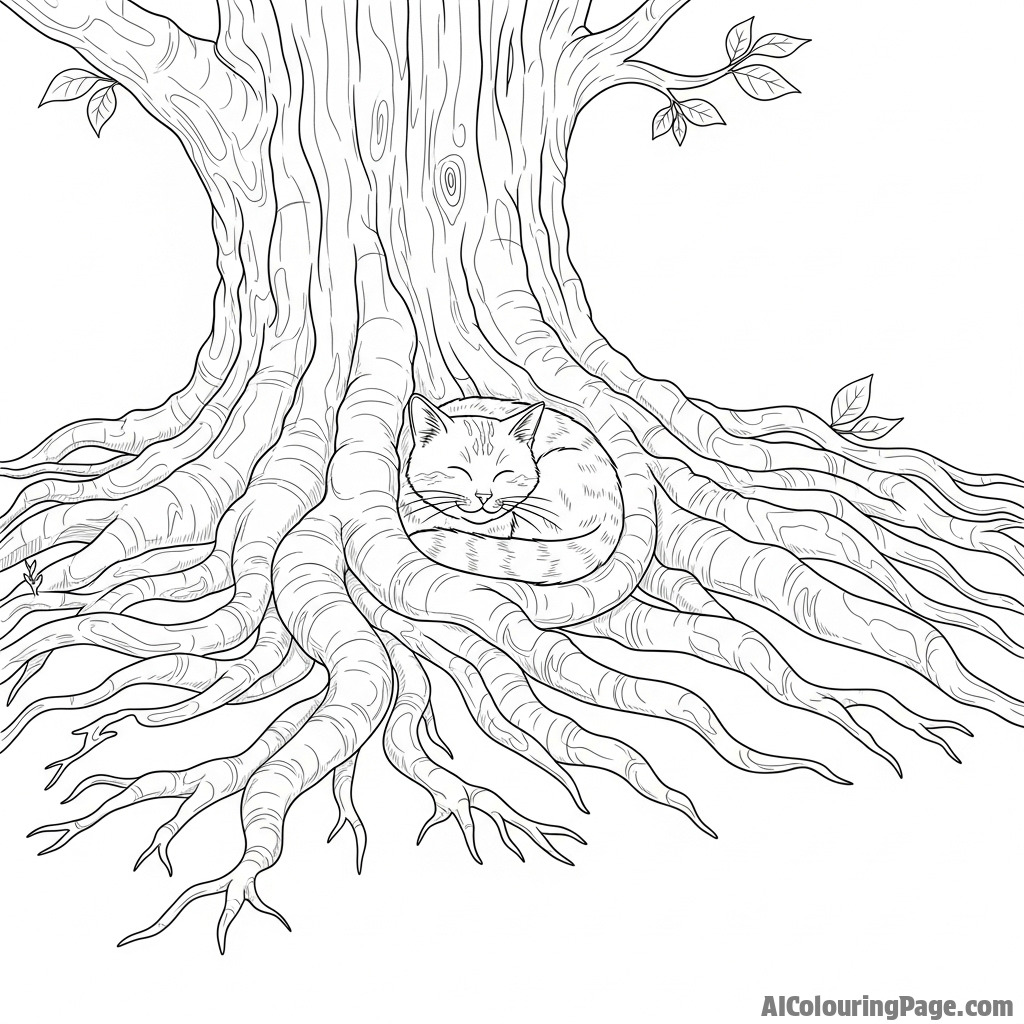 A cat nestled amongst the roots of an ancient, gnarled tree.
