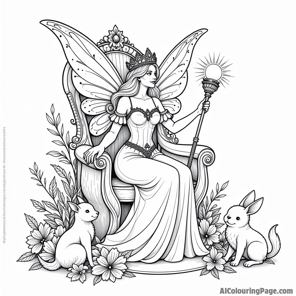 A fairy queen sitting on a throne made of flowers with a magical scepter and woodland creatures gathered around her