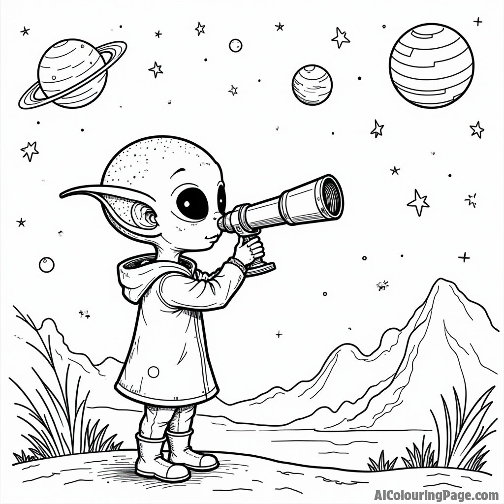 A curious alien child looking through a telescope at distant planets and stars, inspiring young minds to explore space.