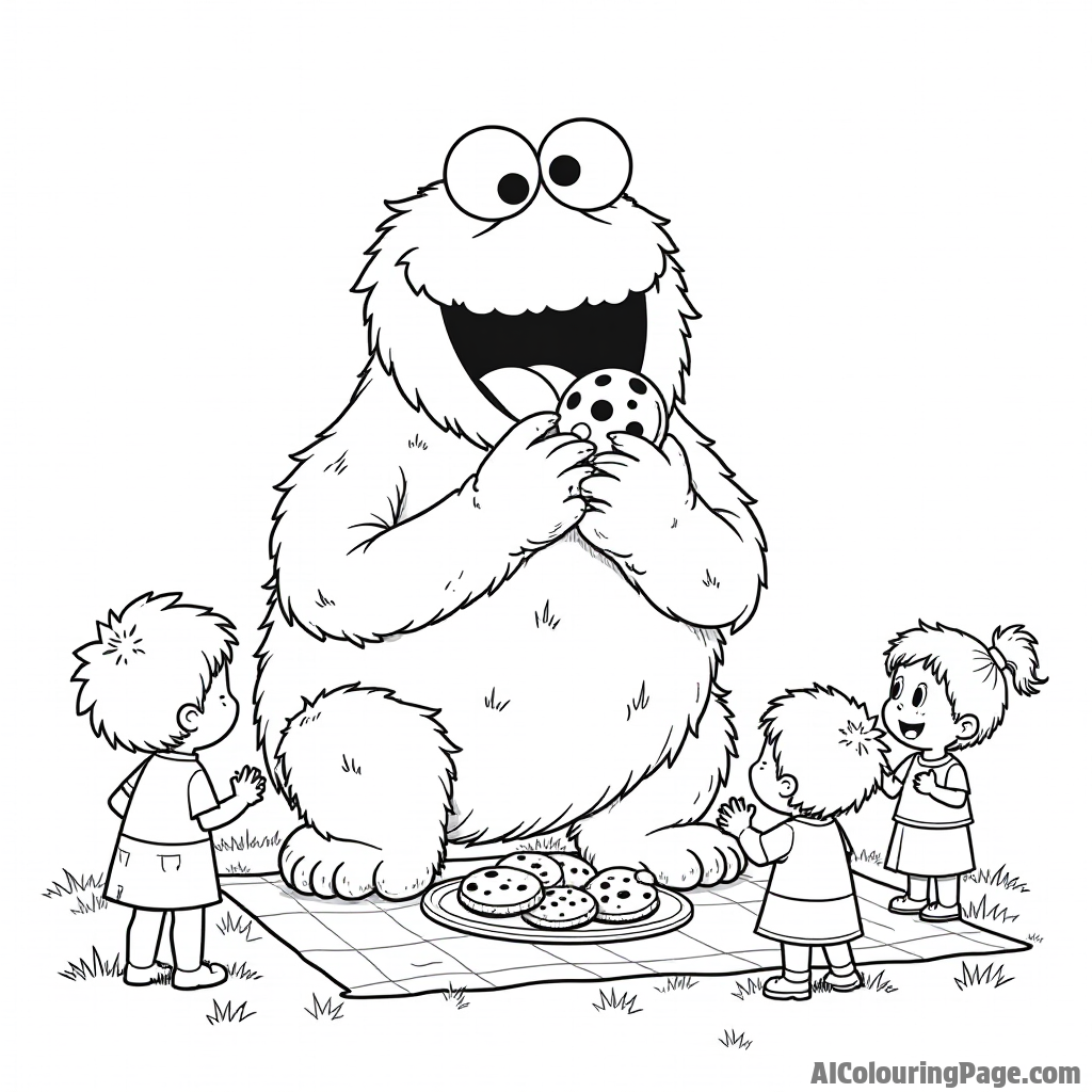 A giant cookie monster character happily devouring cookies at a picnic, surrounded by happy children watching in amazement.