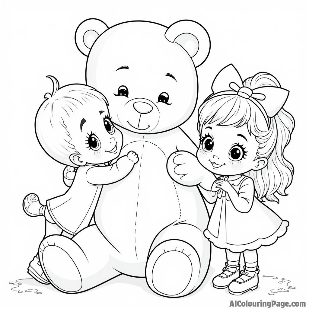 Bubbles hugging a giant teddy bear, while Blossom and Buttercup play dress-up with fun costumes and accessories