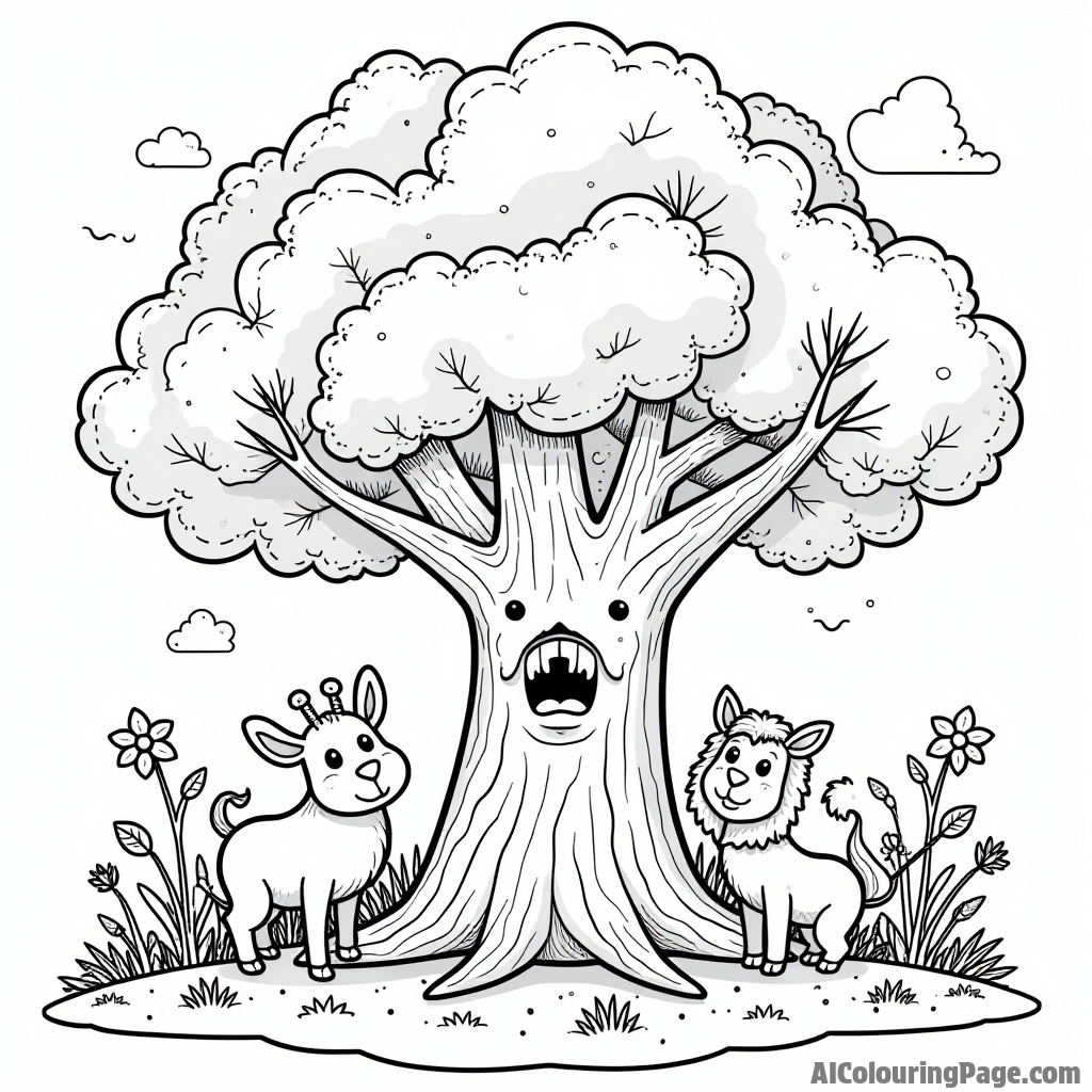 A wise old tree with a friendly face, surrounded by playful animals and colorful plants in a sunny meadow