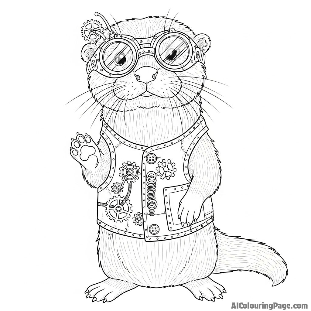 Steampunk otter with brass goggles and a tiny mechanical vest.