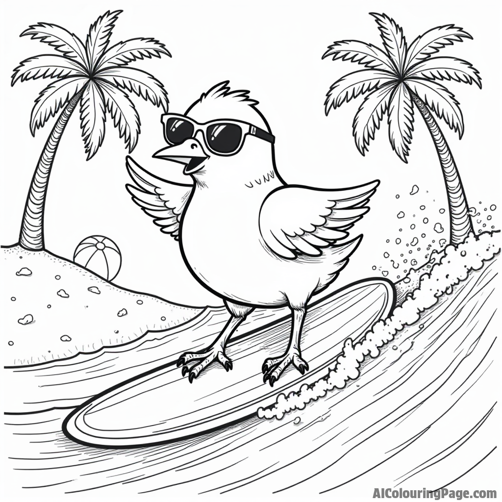 A bird with sunglasses surfing on a wave with palm trees and a beach ball in the background for summer fun