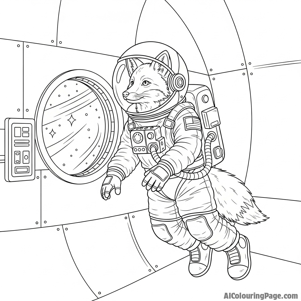 An astronaut fox floating in zero gravity inside a space station, looking out a porthole.