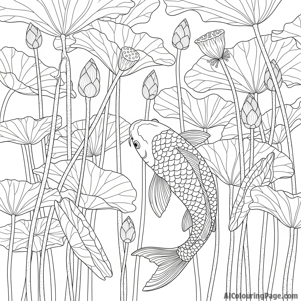 A solitary koi navigating a dense underwater forest of lotus stems.