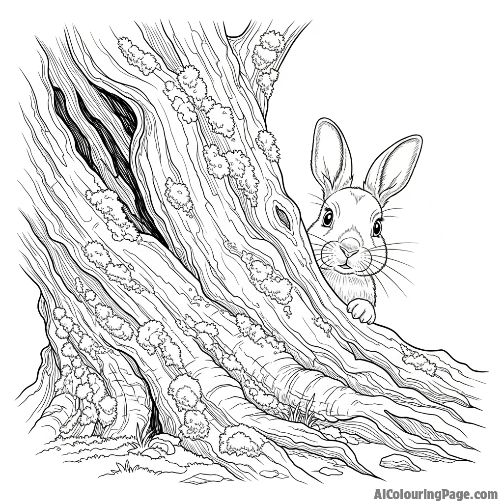 A rabbit peeking cautiously from behind an ancient, mossy tree trunk.
