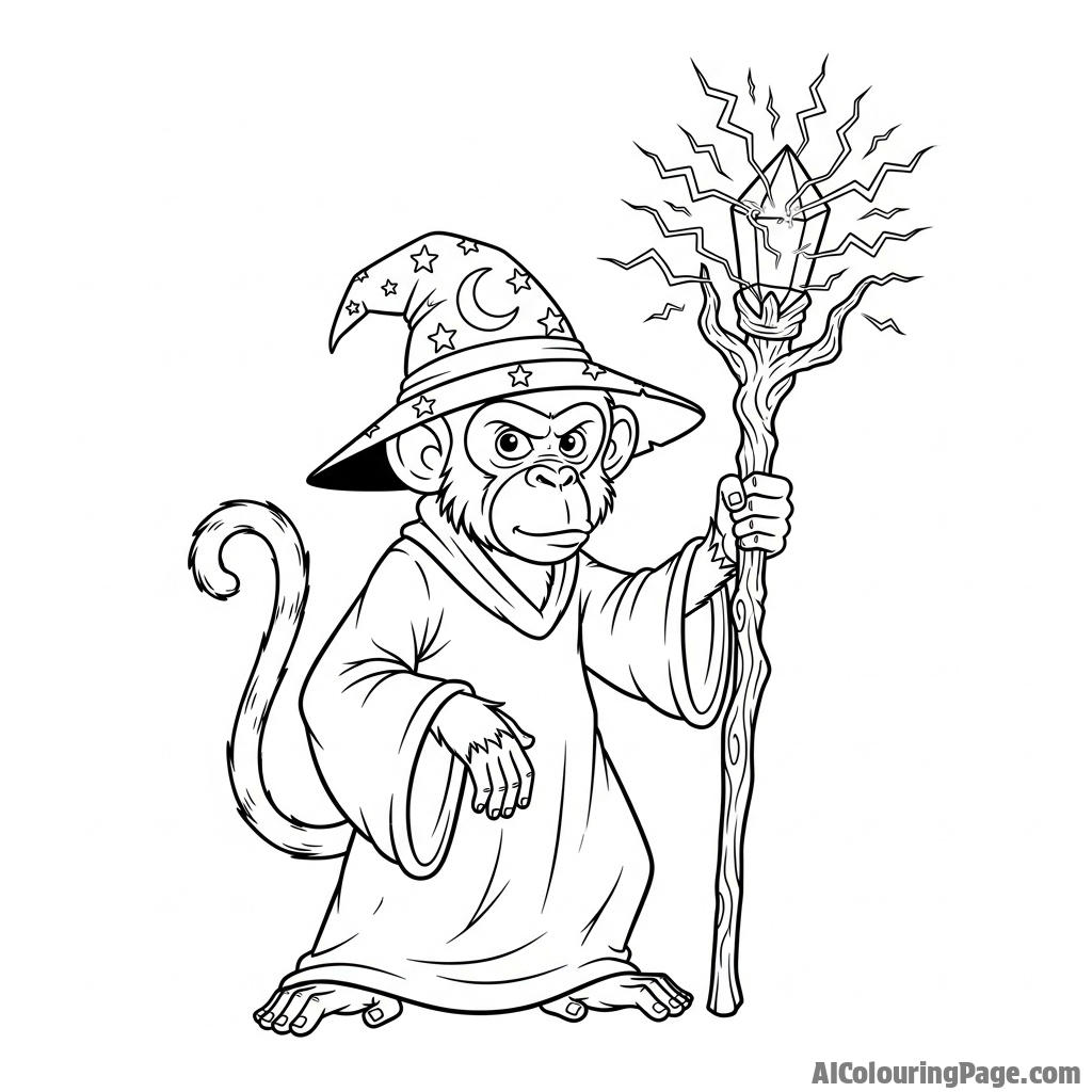 A monkey as a wizard, holding a gnarled staff that crackles with unseen energy.
