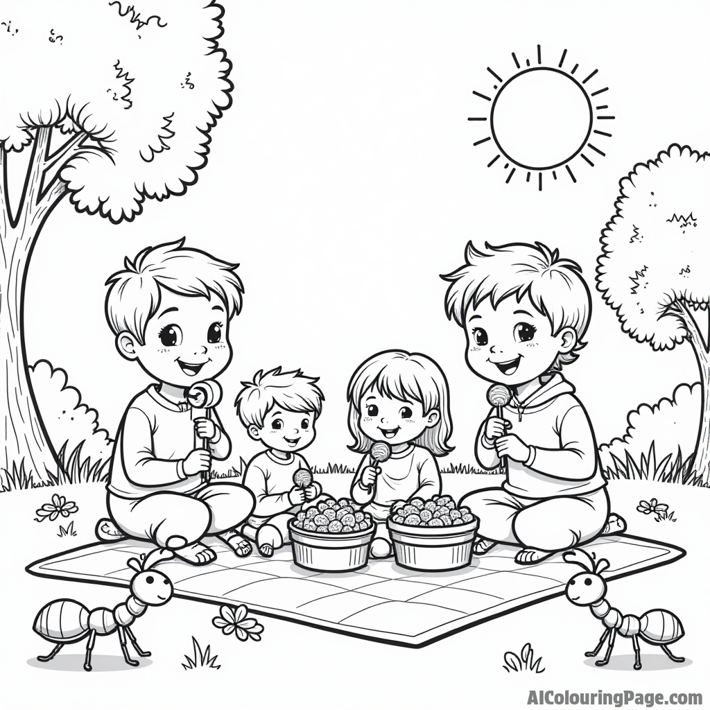 A charming picnic scene with a family sharing lollipops, a sunny day, and cheerful ants carrying tiny snacks