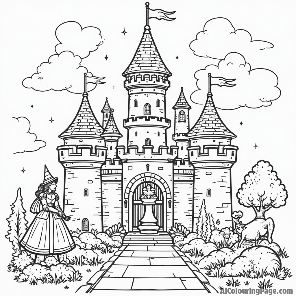 A fairytale castle chess scene, featuring a gallant knight and a lovely princess chess piece, surrounded by magical creatures, creating a colorful and enchanting world for children to explore.